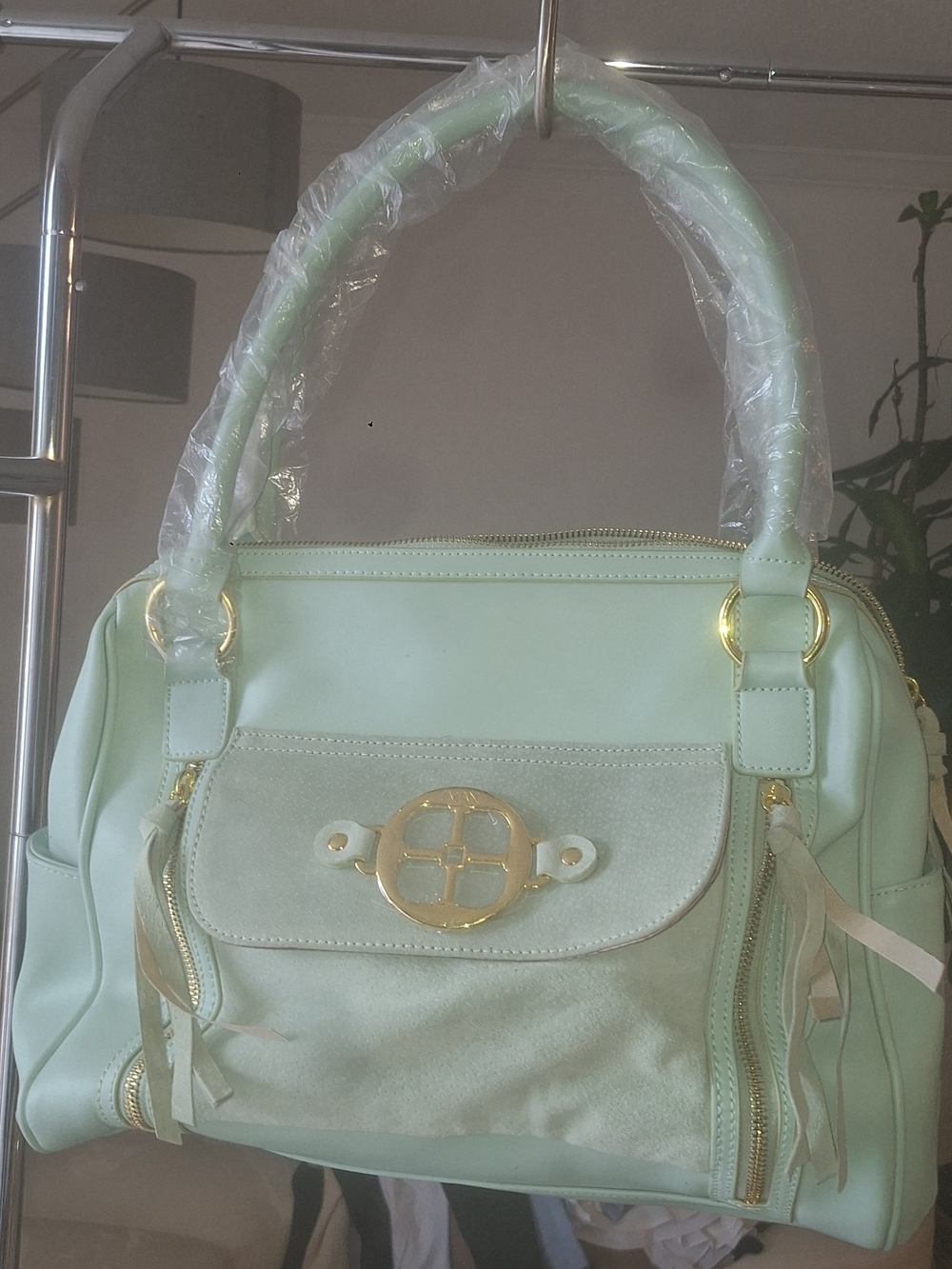 IMAN Mint Green Top-Handle Satchel with Gold Hardware